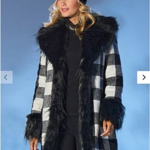 Boston Proper Buffalo plaid faux fur trim coat red black Buffalo plaid